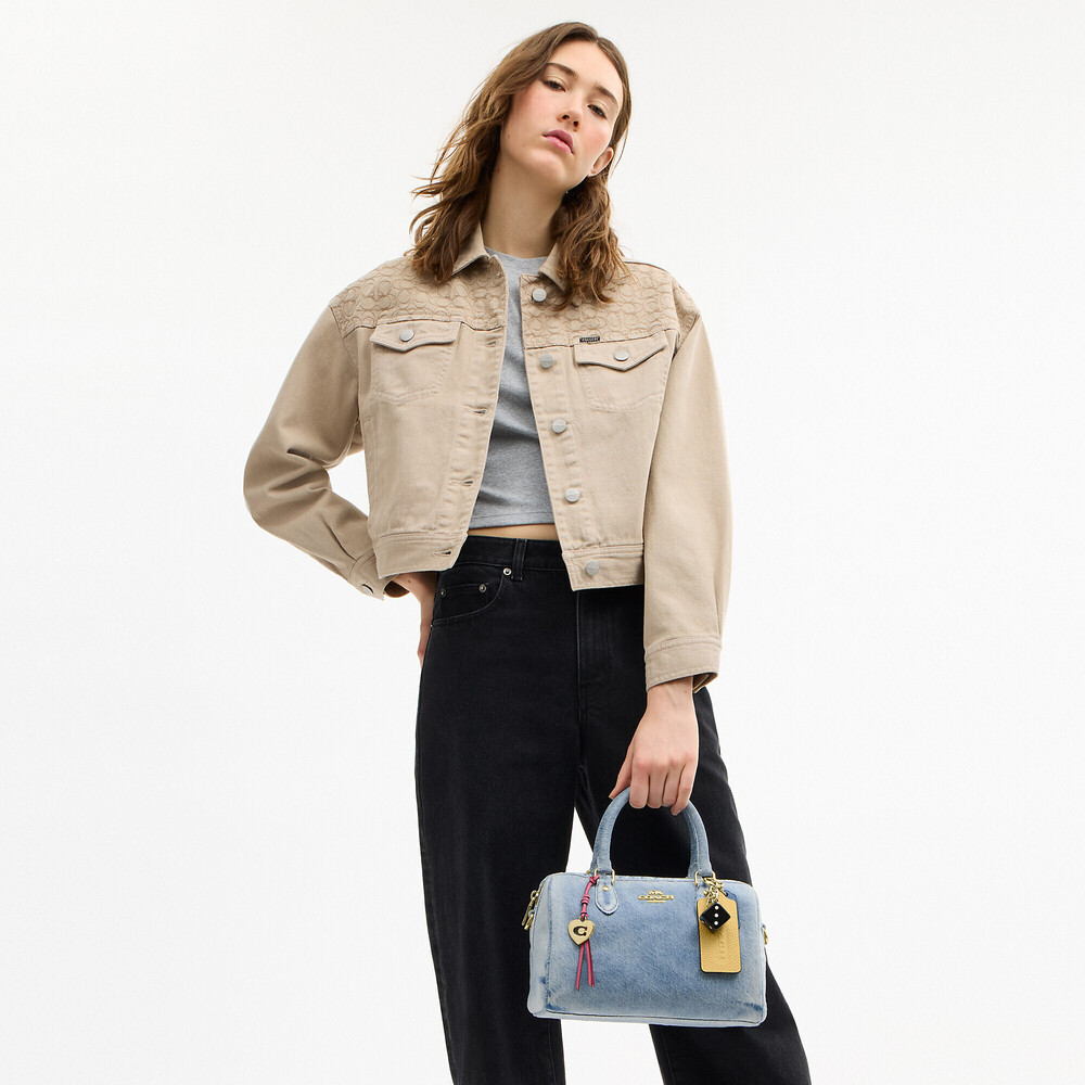 Coach Outlet Rowan Satchel Bag In Loved Denim With Charms - Picture 2 of 3